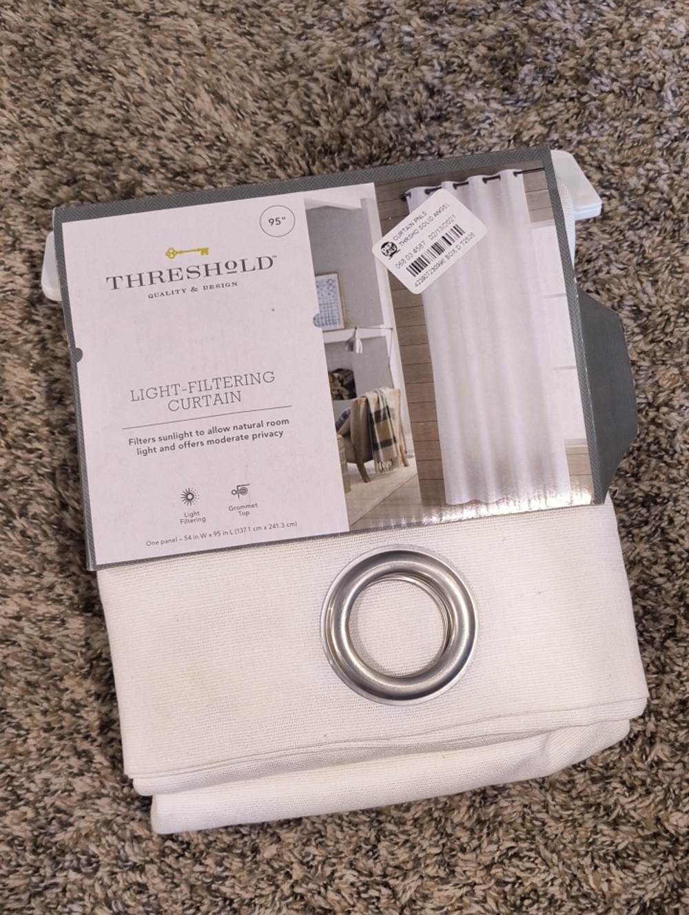 Threshold White Light-Filtering Curtain Panel with Silver Grommets, 95" NWT